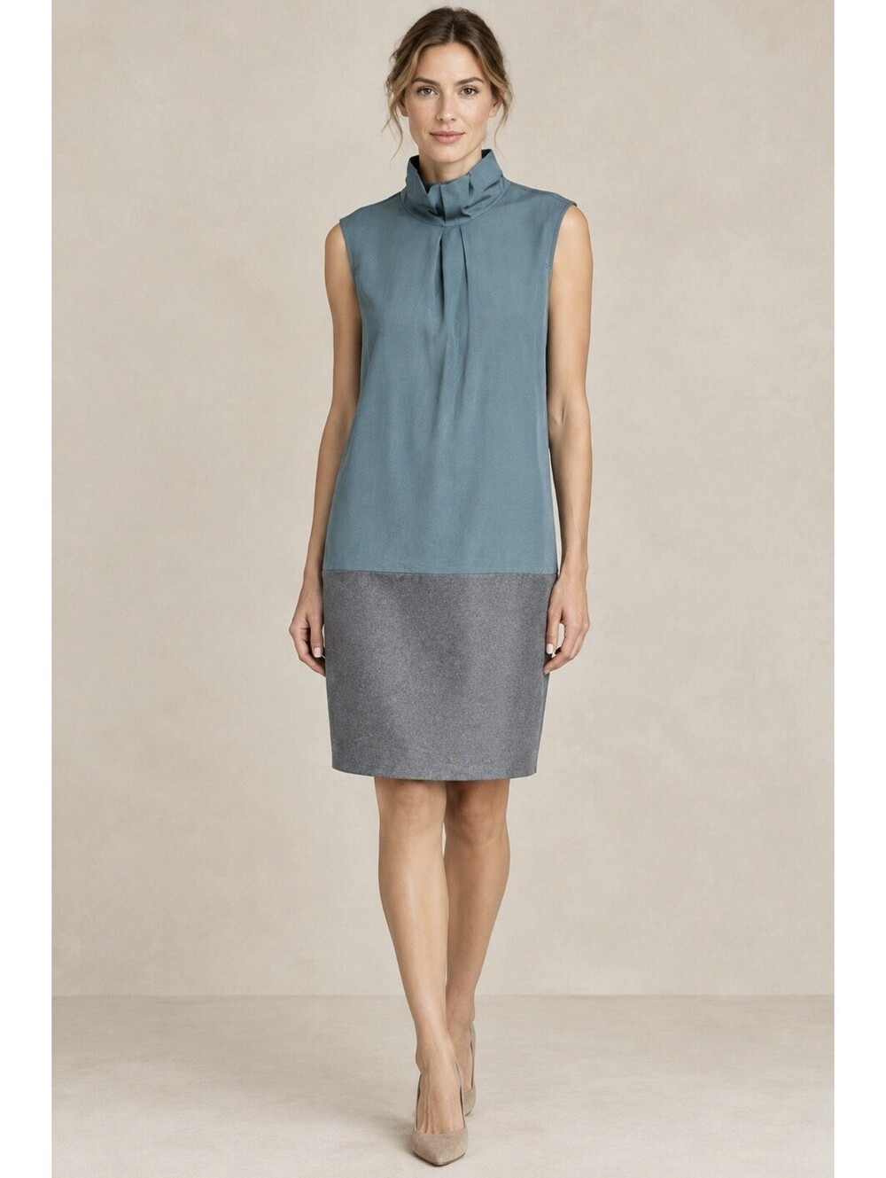 Brunello Cucinelli Teal Gray Sleeveless SILK Combo Pencil Sheath Shift Dress XXL